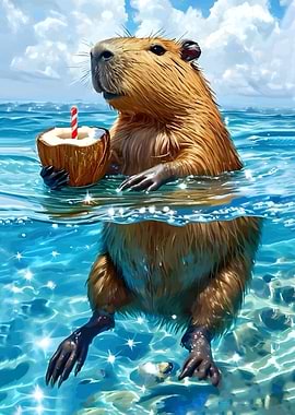 Capybara enjoying a coconut drink in ocean