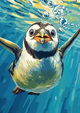 Penguin Swimming Underwater Illustration
