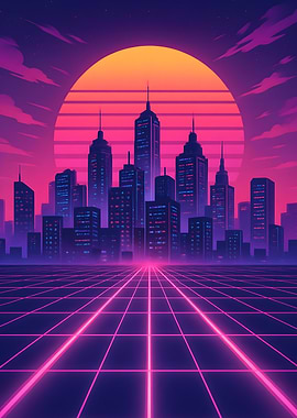 Retro Cityscape with Grid and Sunset