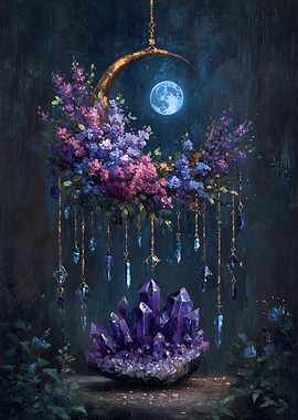 Floral Crescent Moon with Amethyst Crystals