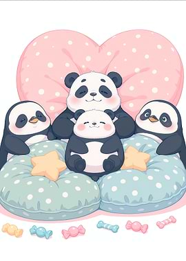 Cute Pandas and Penguins Illustration