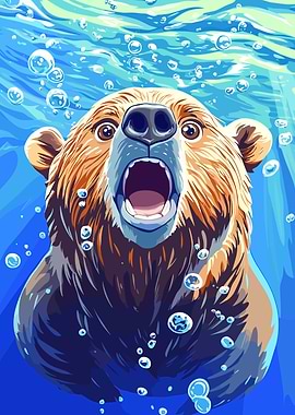 Surprised Bear Underwater with Bubbles