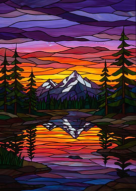 Stained Glass Mountain Sunset