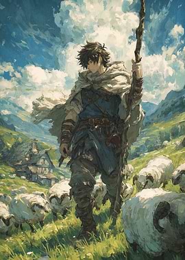 Shepherd with Sheep in Mountain Landscape