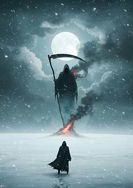 Grim Reaper in Snowy Landscape