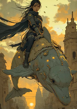 Girl riding mechanical dolphin