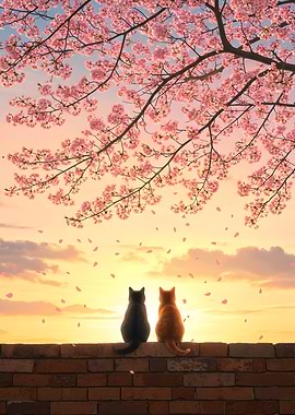 Cats Beneath the Sakura Sunset