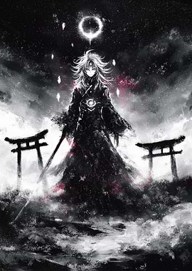 Monochrome Anime Character with Torii Gates