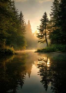 Sunrise Misty Forest Lake