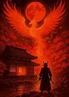 Samurai, Phoenix, and Temple in Red
