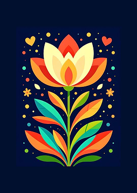 Colorful Geometric Floral Design on Dark Blue