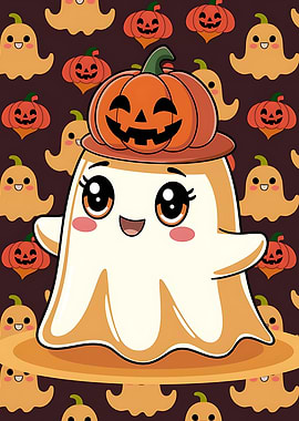 Cute Halloween Ghost with Pumpkin Hat