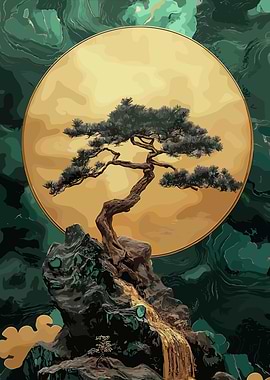 Bonsai Tree with Golden Moon