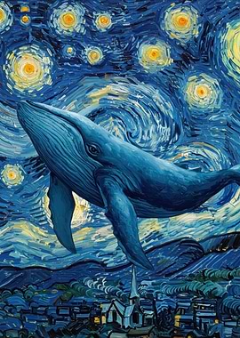 Whale in Starry Night Painting