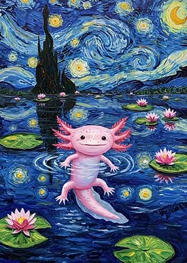 Axolotl in Starry Night Painting