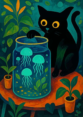 Black Cat with Jellyfish Jar Painting