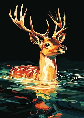 Deer in Water Digital Art