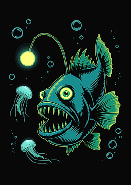 Cartoon Anglerfish with Jellyfish
