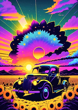 Vintage Truck Sunflower Field