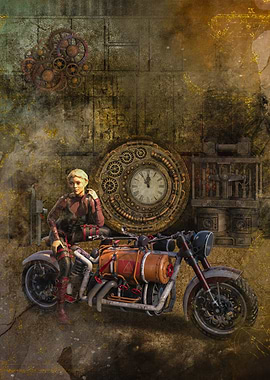 Steampunk Girl on Motorcycle with Clock