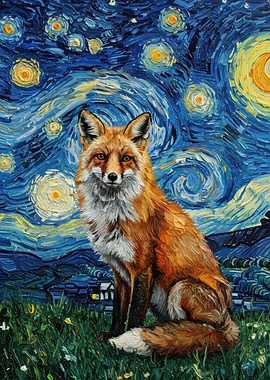 Fox in Starry Night Style Painting