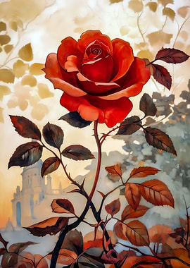 Elegant Red Rose Painting with Building