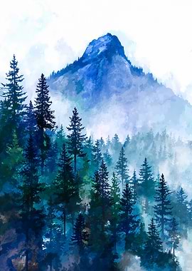 Blue Mountain Forest Watercolor Painting