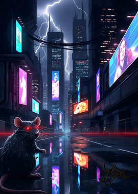 Cyberpunk Rat in Rainy Cityscape