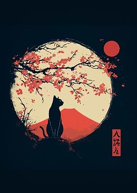 Black Cat, Cherry Blossoms, and Mount Fuji