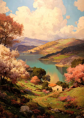Idyllic Lakeside Landscape Painting