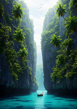 Tropical Canyon with Boat and Palms