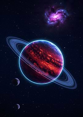 Red Planet with Rings and Nebula