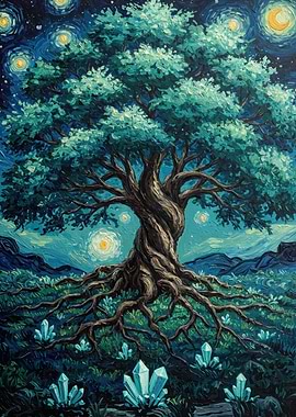 Starry Night Tree with Crystals