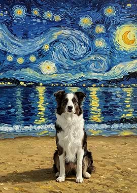 Border Collie Dog on Beach with Starry Night