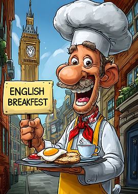 Cartoon Chef with English Breakfast in London