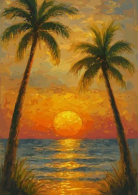 Tropical Sunset Palm Tree Painting