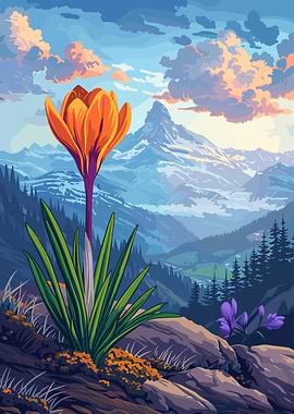 Orange Crocus in Mountain Landscape