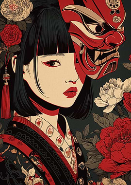 Geisha with Hannya Mask and Flowers