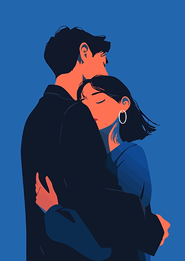 Embracing Couple Blue Aesthetic Minimalist Art Illustration