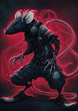 Cyberpunk Rat with Headphones and Wires