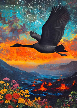 Black Swan Flying Over Volcanic Landscape