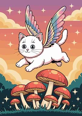 Winged Cat Flying Over Mushrooms