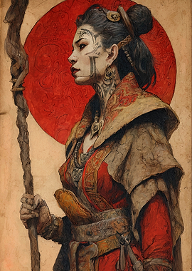Warrior Woman with Staff and Tattoos
