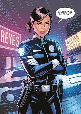 Determined Police Officer in Rainy City