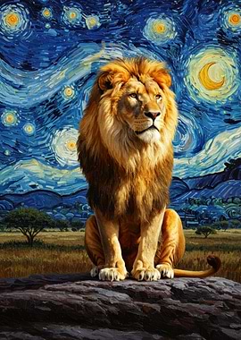 Lion in Starry Night Style