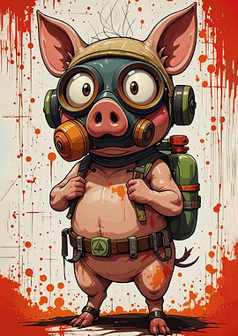 Cartoon Pig with Gas Mask