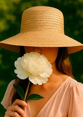 Woman with Peony and Straw Hat