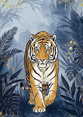 Tiger in Blue Jungle Illustration