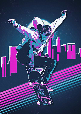 Skateboarder in Retro Cityscape
