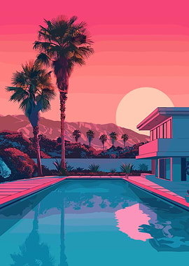 Sunset Poolside Pixel Art Landscape